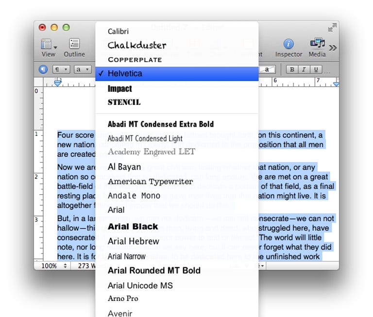 Font menu in OS X showing typefaces