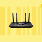 The  TP-Link AX1800 WiFi 6 Router (Archer AX21) is displayed against a yellow background.