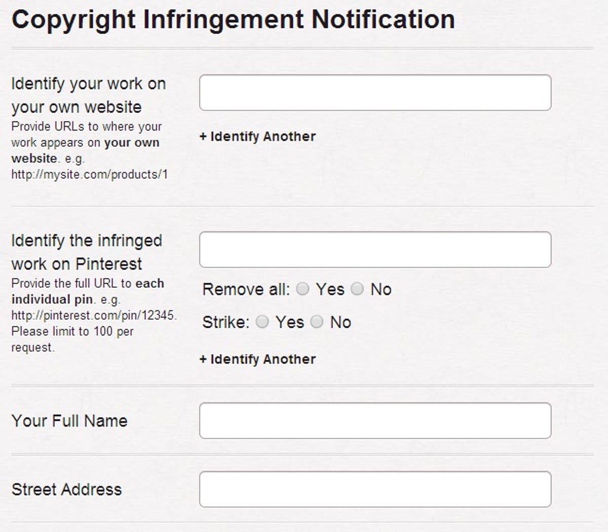 Pinterest copyright-infringement reporting form