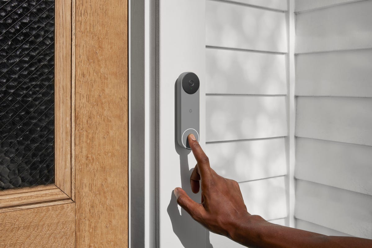 Nest doorbell mounted on a doorjamb