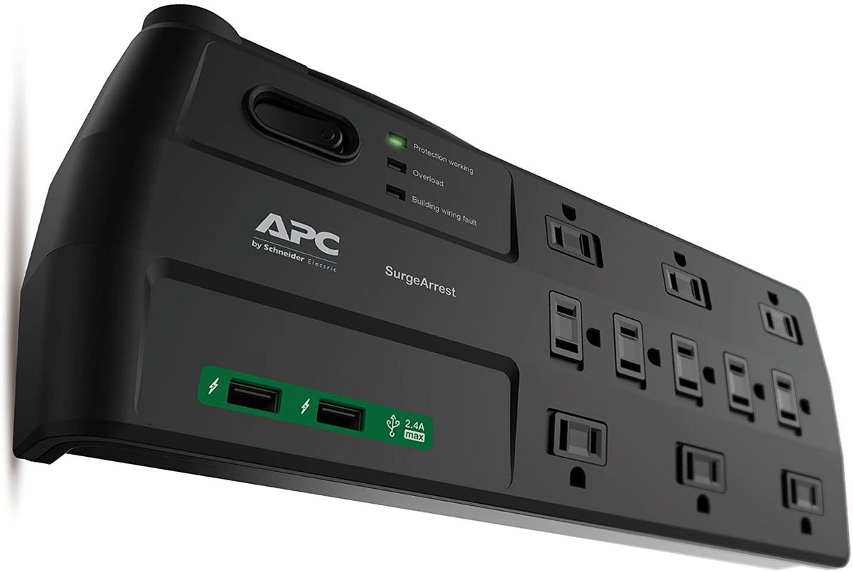 A large  surge protector with 11 outlets.