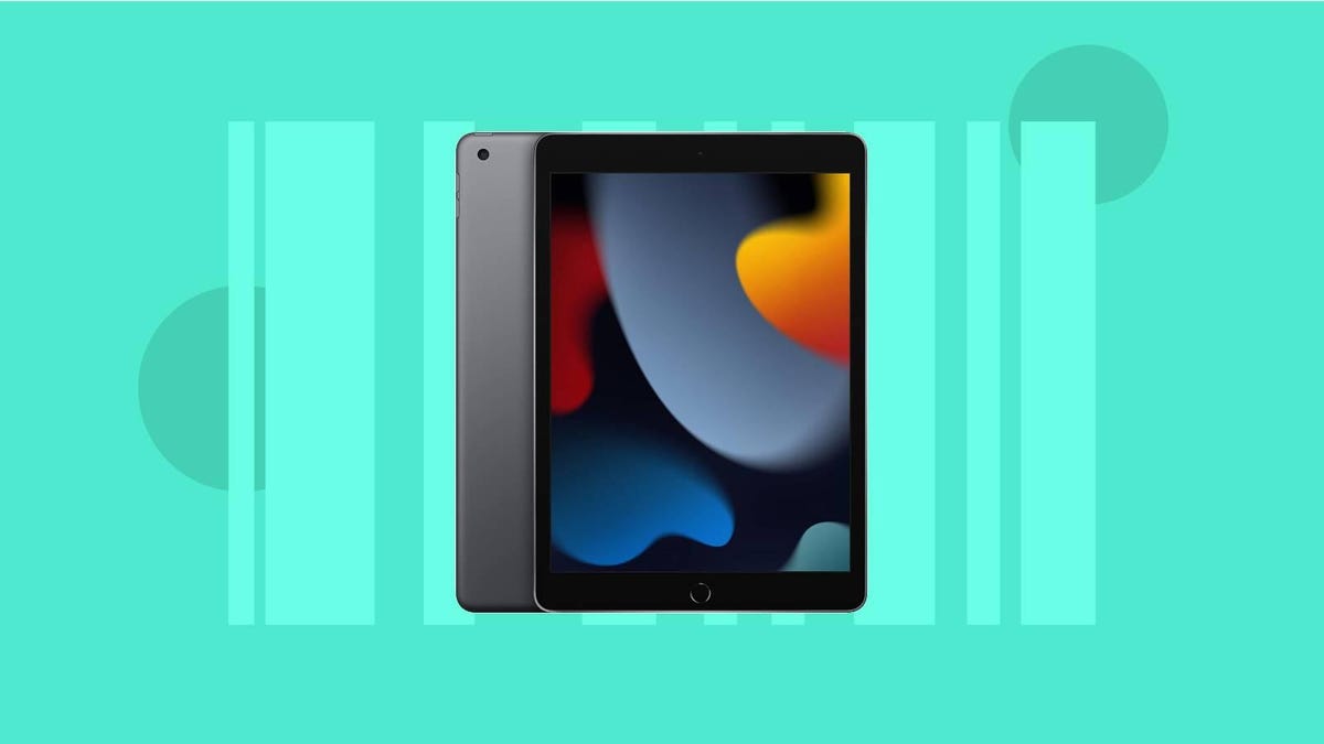 The front and back of a gray iPad tablet a،nst a teal background.
