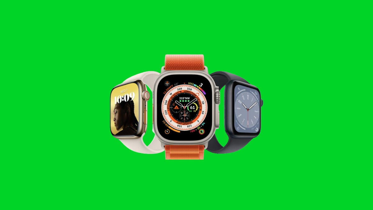 Three Apple Watch Ultra models with the Alpine, international orange and black loops
