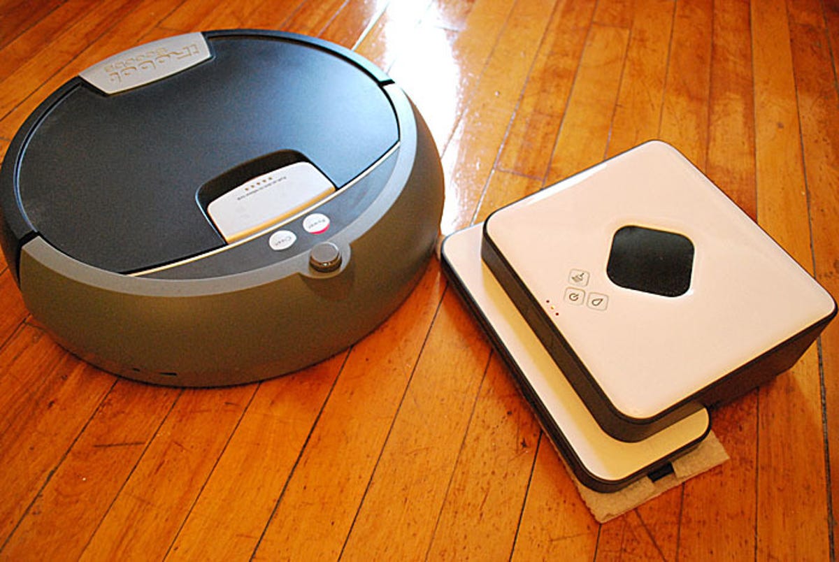 Newcomer Mint, at right, is smaller and lighter than iRobot's Scooba. But can it clean floors as well?