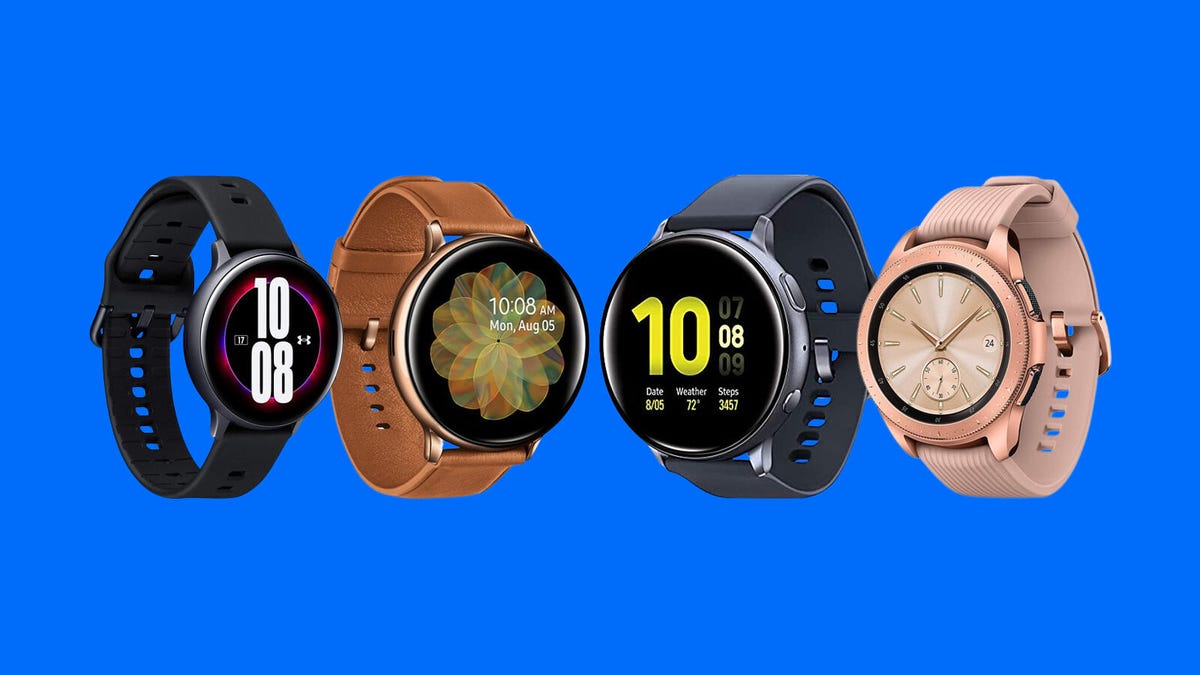 Four Samsung Galaxy watches are displayed against a blue background.