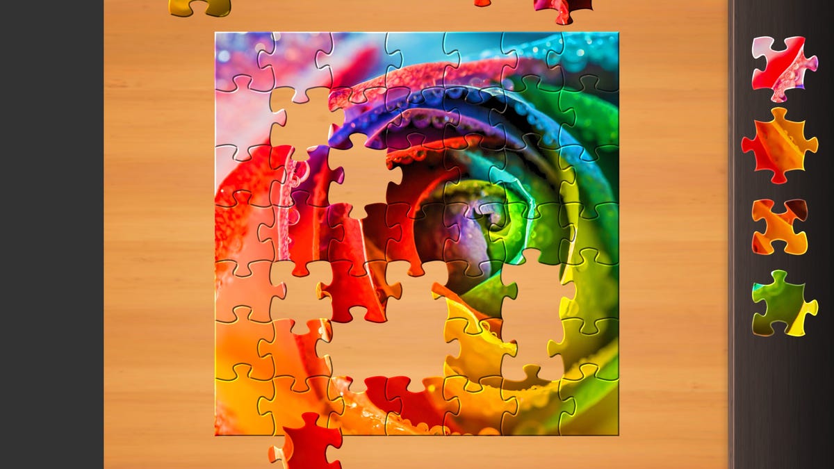 Jigsaw Puzzle game showing an in-progress rainbow rose puzzle.