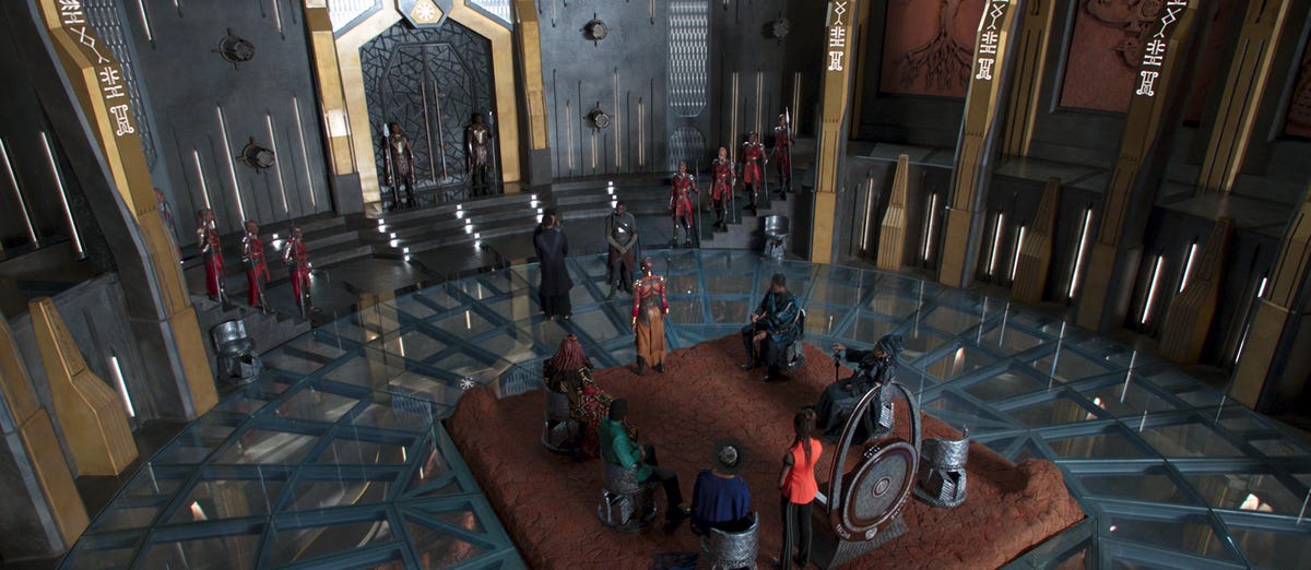King T'Challa's throne room is an example of Wakanda's combination of African heritage and comic book technology.