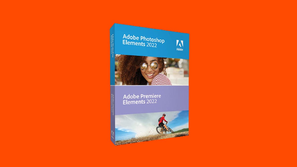 Adobe Photoshop Elements and Premiere Elements 2022 are displayed against an orange background,