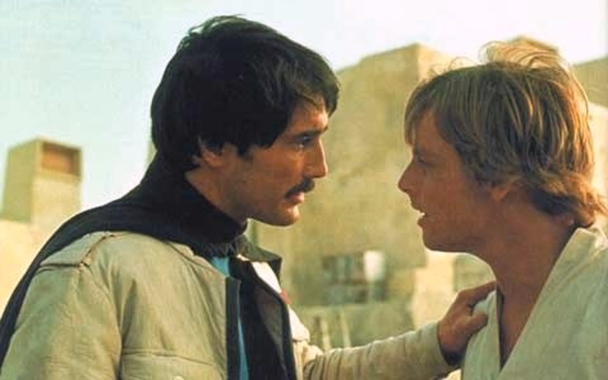Biggs Darklighter (Garrick Hagon) chats with Luke Skywalker (Mark Hamill) in a cut scene from "Star Wars."