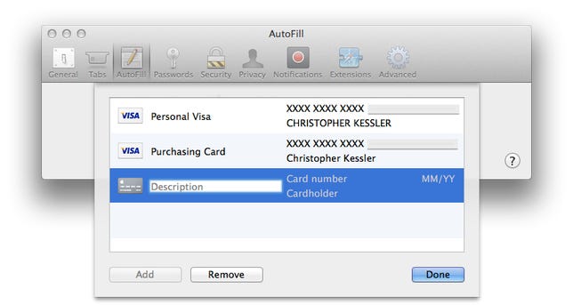 Editing credit cards in Safari autofill feature