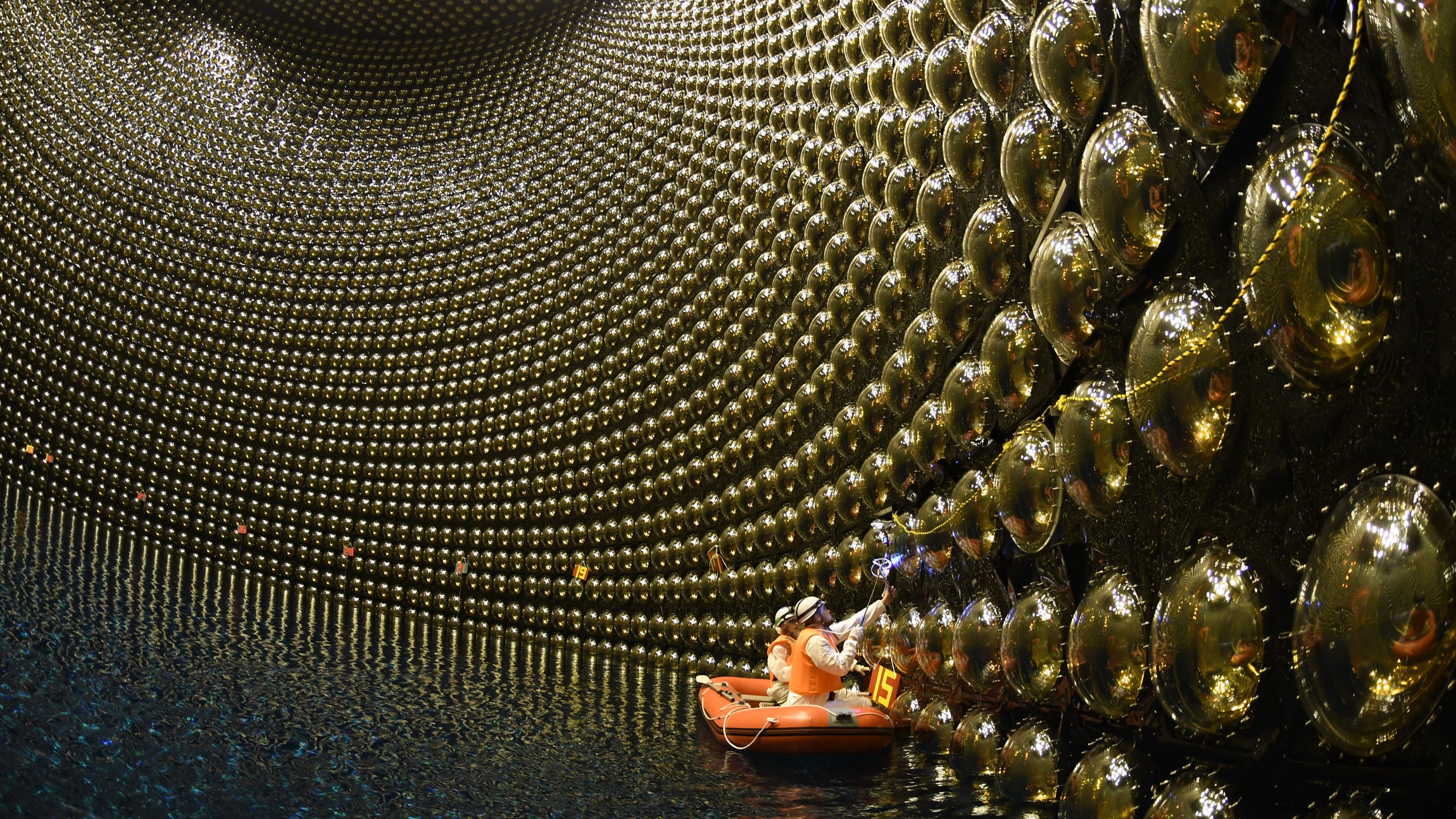The detection chamber, full of spherical balls, of the Super-Kamiokande neutrino experiment in Japan