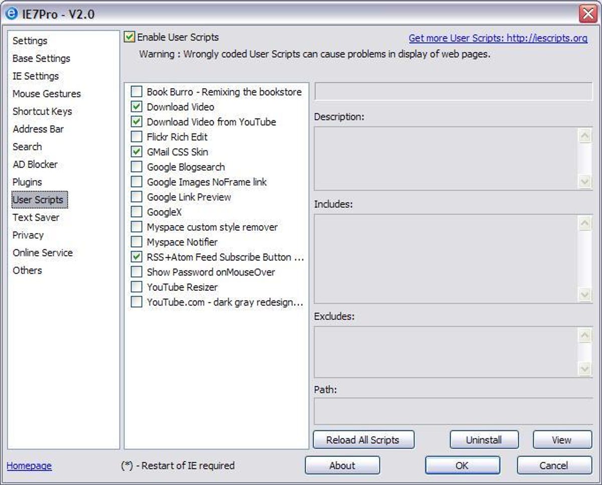 The preferences dialog box of the IE7Pro add-on for the Internet Explorer browser.