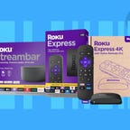 The Roku Streambar, Express and Express 4K are displayed against a blue background.
