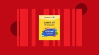 The Rosetta Stone language course box is displayed against a red background.