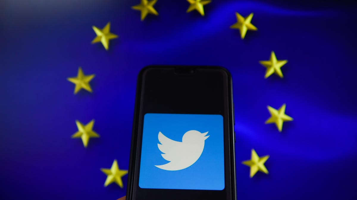 Twitter logo with European Union flag are seen in this photo