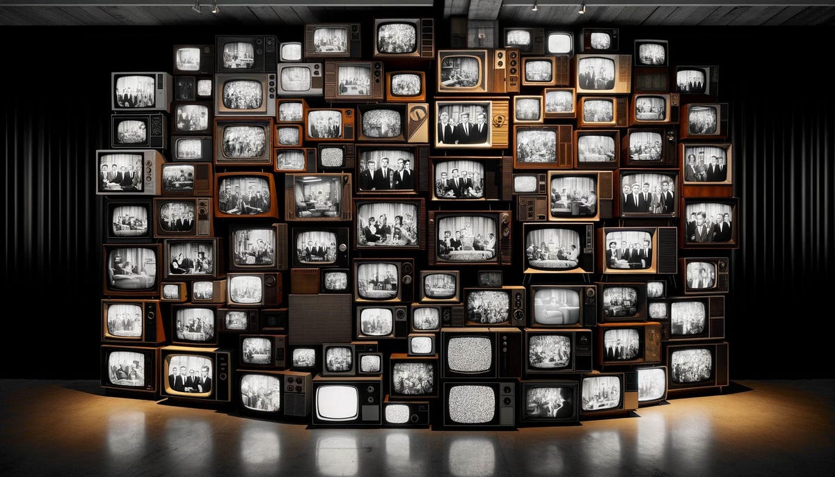 An AI-generated image of a wall of vintage TVs with vintage TV shows