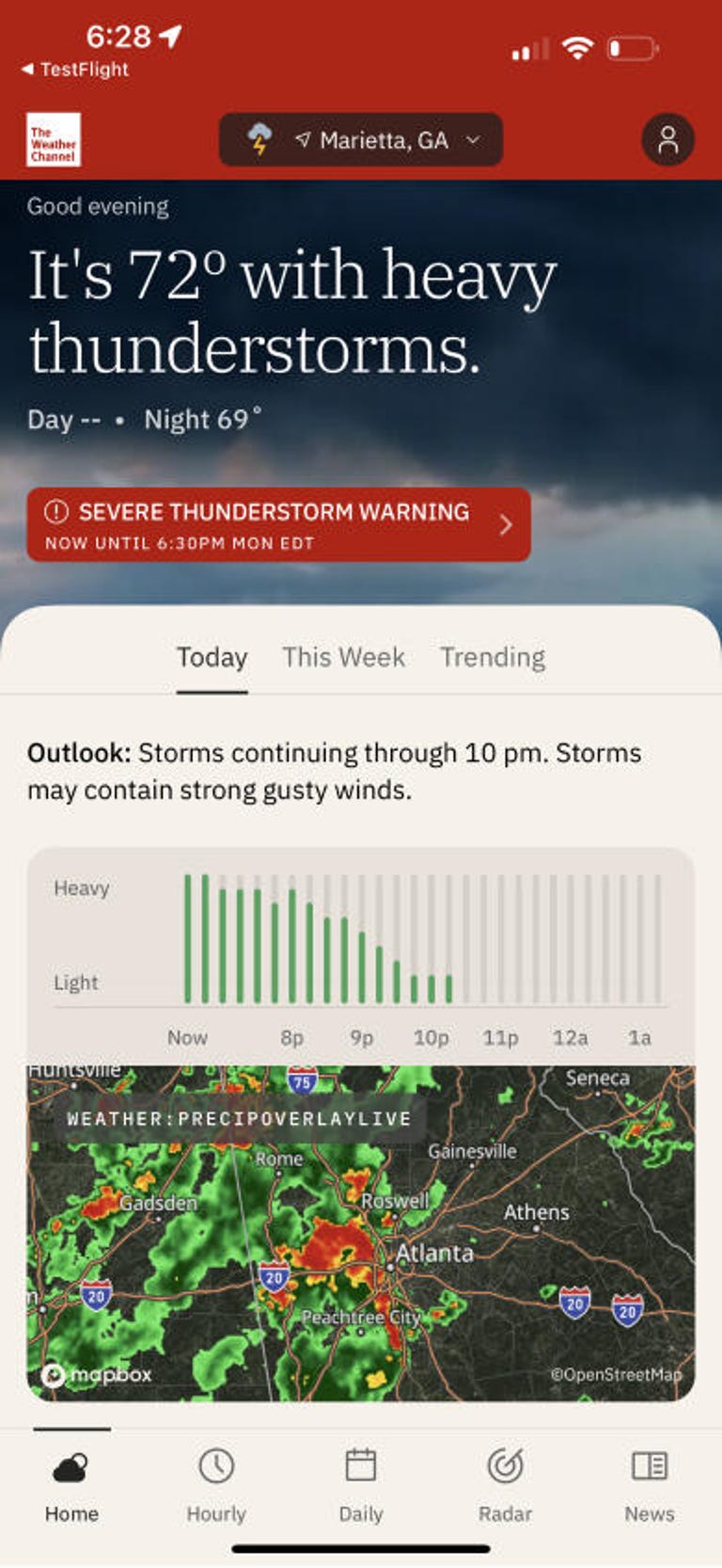 The Weather Channel app showing a severe storm warning