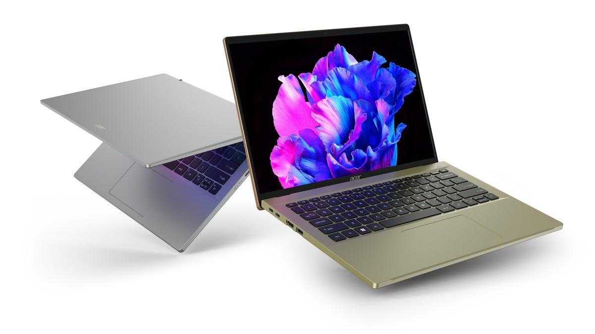 Two views of the Acer Swift Go 14 laptop.