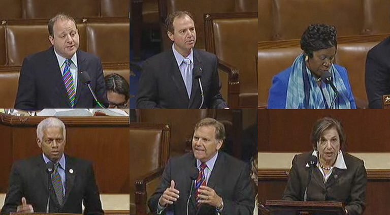 House members clockwise from top left: Jared Polis, who warned CISPA would 