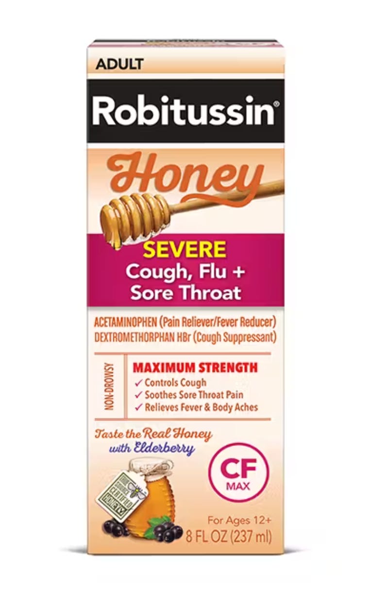 A box label of recalled Robitussin medication