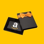 Amazon gift card in a black box on a yellow background