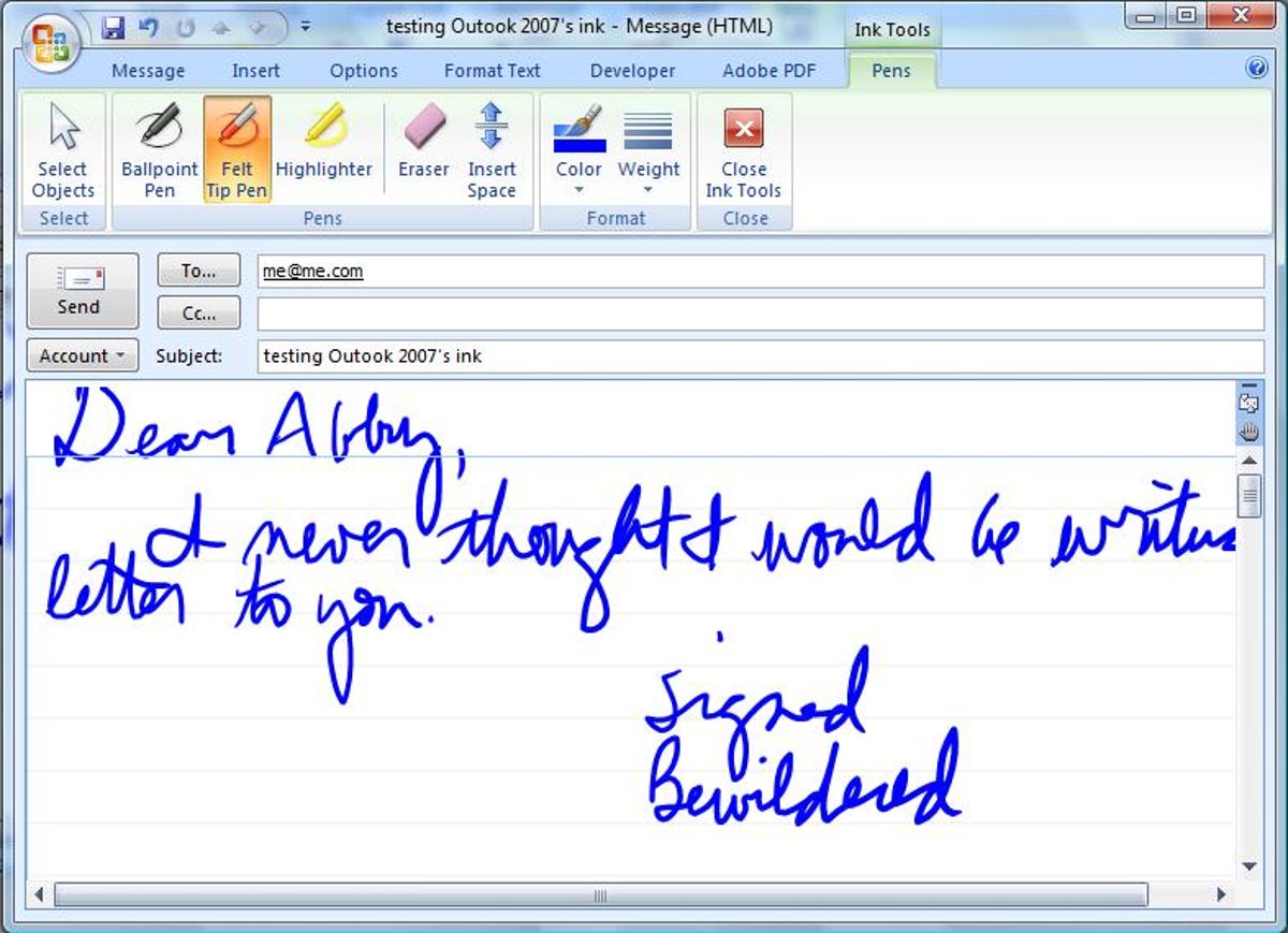 The inking feature for handwriting e-mail in Outlook 2007