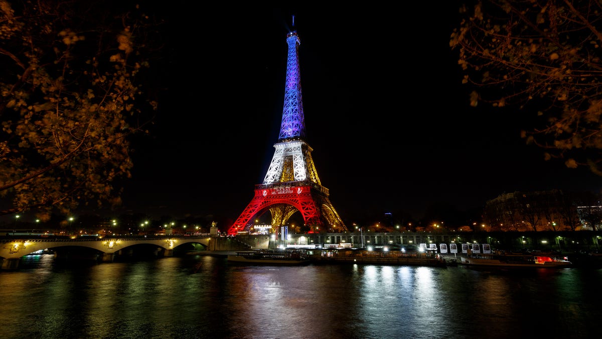 The Eiffel Tower in French flag colors after the terrorist attacks of November 13, 2015