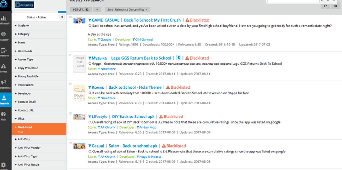 Some of the apps targeting "back to school" that've been blacklisted by security company RiskIQ.