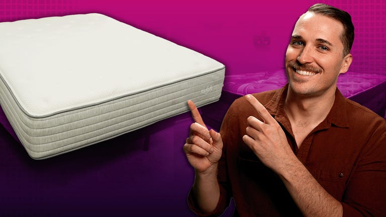 The Nolah Original Hybrid mattress against a colorful background with a man in a red shirt in the front.