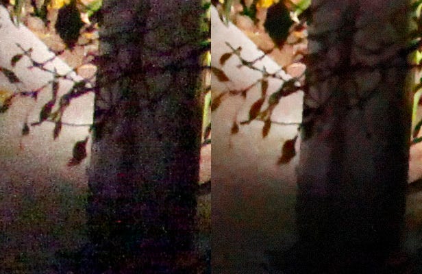At left is a 100 percent view of a JPEG with default noise reduction settings taken with a Canon 5D Mark II at ISO 25,600. At right is the same image, processed with DxO Optics Pro 6 with default noise reduction settings. Noise reduction addresses both chrominance noise that shows as colored speckles and luminance noise that shows as variations in brightness.