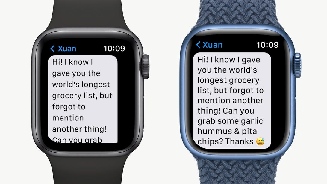 Apple Watch Series 7 compared to Apple Watch Series 6 with text on screen