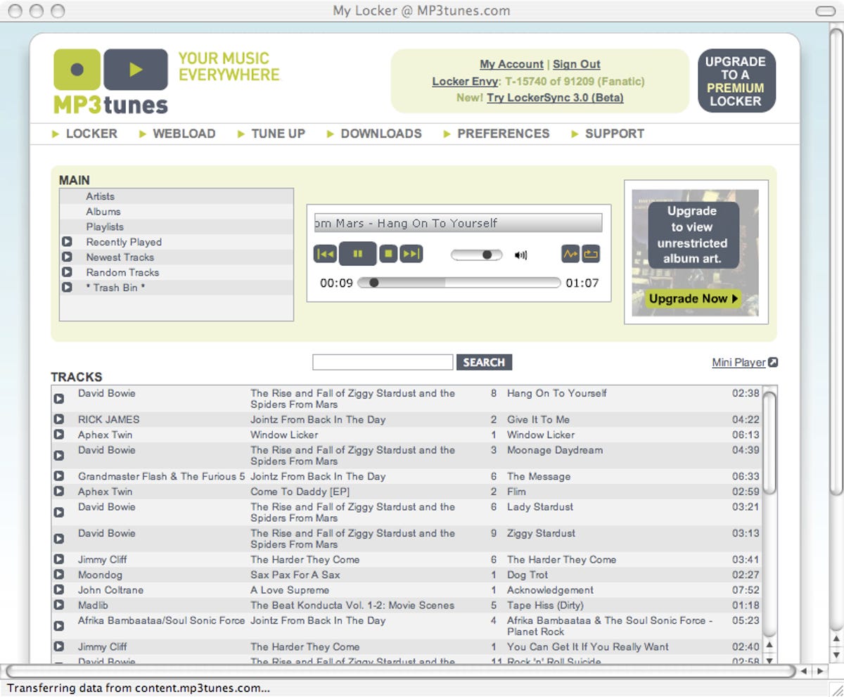 Screen capture of MP3tunes jukebox application