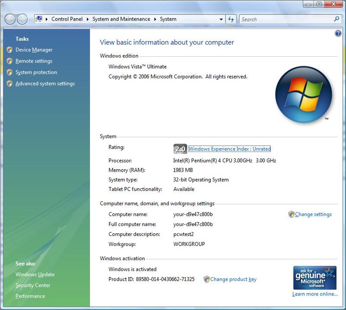 Windows Vista System Properties dialog box