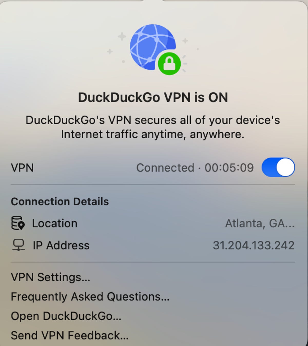 DuckDuckGo VPN running on MacOS