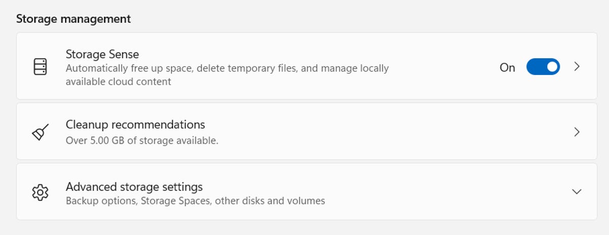 Storage management page with Storage Sense toggled on
