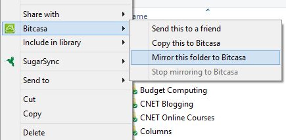 It's easy to mirror folders to Bitcasa.