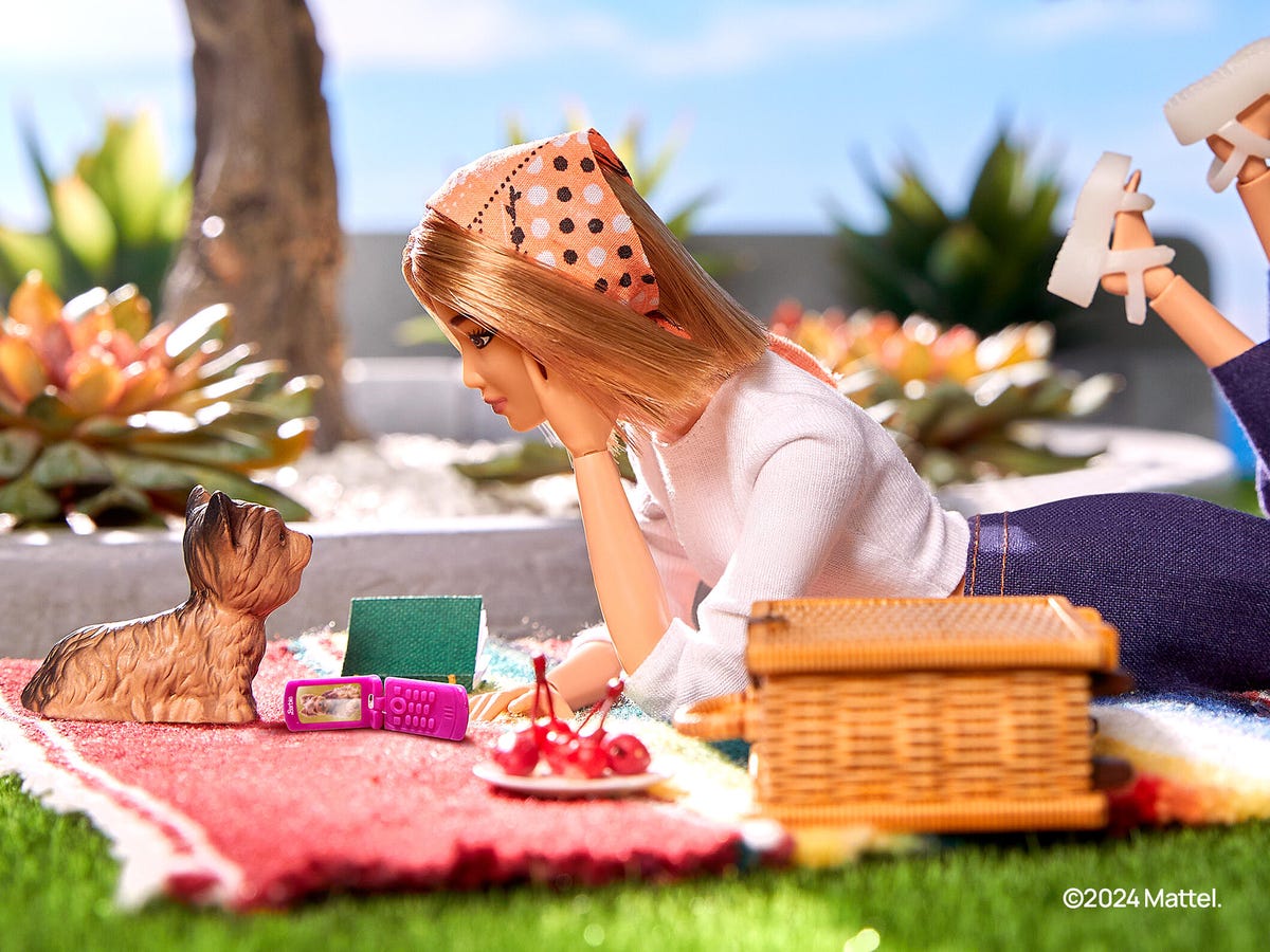 Barbie lying on picnic blanket with a dog, a book, a flip phone and some cherries