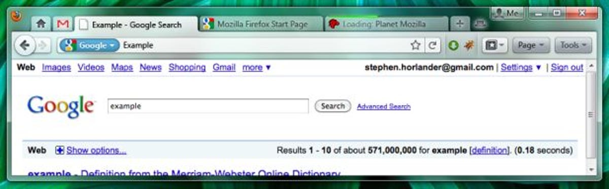 This mock-up of Firefox 4.0 shows the 'tabs-on-top' option, the side-mounted menu buttons, combined address-search bar--all Google Chrome-like features.