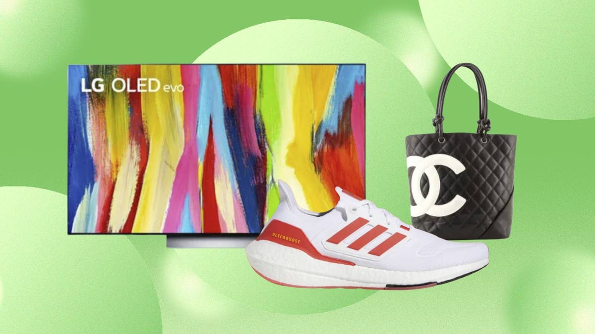 Products from LG, Adidas and Chanel on sale at eBay are displayed against a green background.