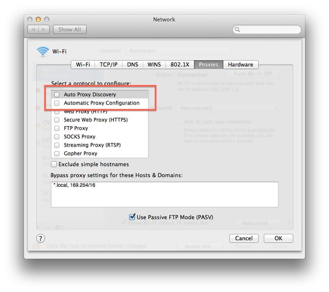 Proxy settings in OS X