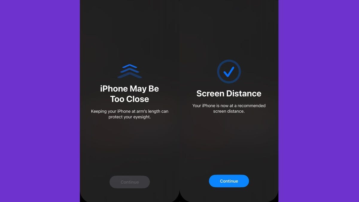 Two screenshots side-by-side. On the left the screen reads iPhone May Be Too Close and on the right the screen shows a checkmark and reads Screen Distance