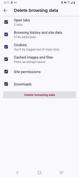 The "Delete browsing data" menu in Mozilla Firefox on Android