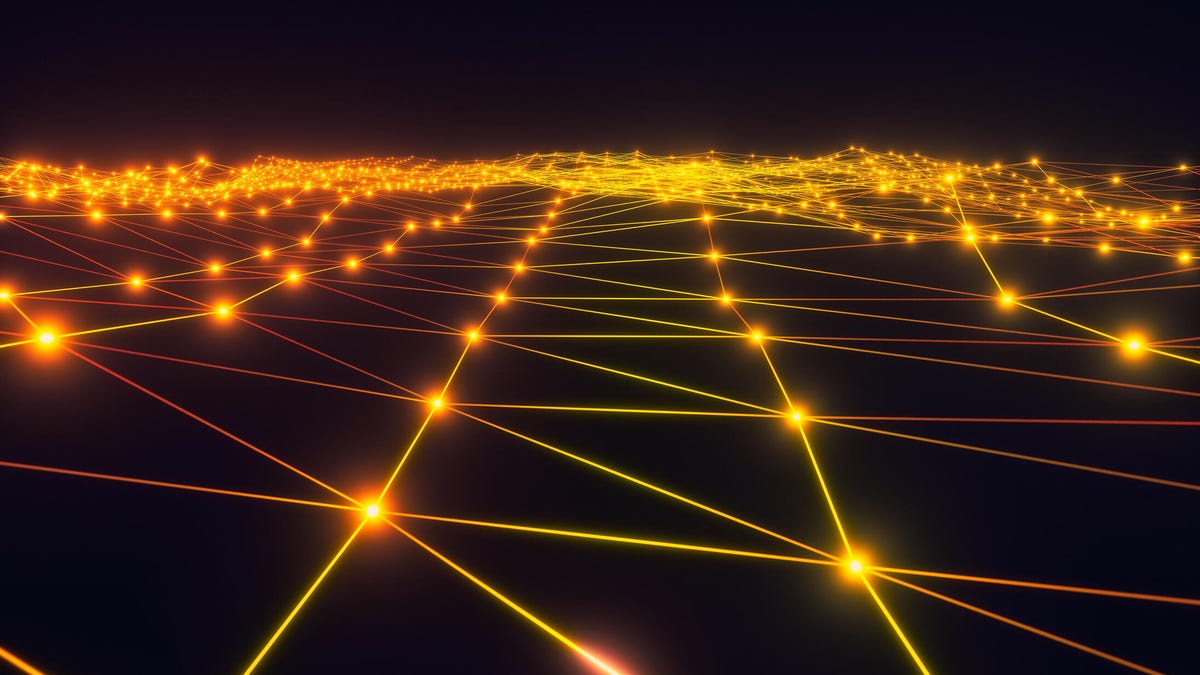 A digital illustration shows a glowing yellow grid of connections, on a black background, stretching off into the distance.