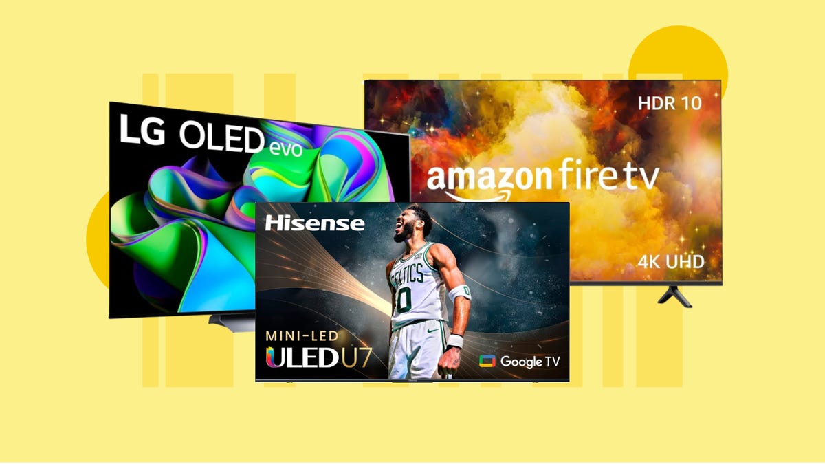 TVs from LG, Amazon and Hisense are displayed against a yellow background.