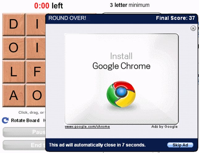 Advertisements for Chrome appear on the Scramble game at Facebook.