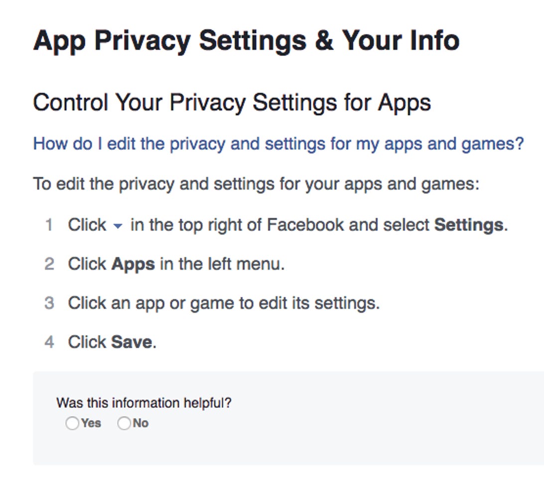 A screenshot of the section of Facebook's FAQ that focuses on app privacy settings.