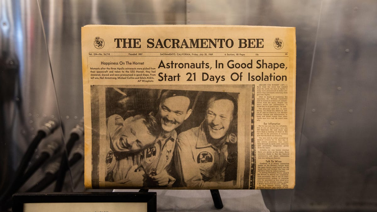 The headline of The Sacramento Bee newspaper on Friday July 25th, 1969 Apollo 11