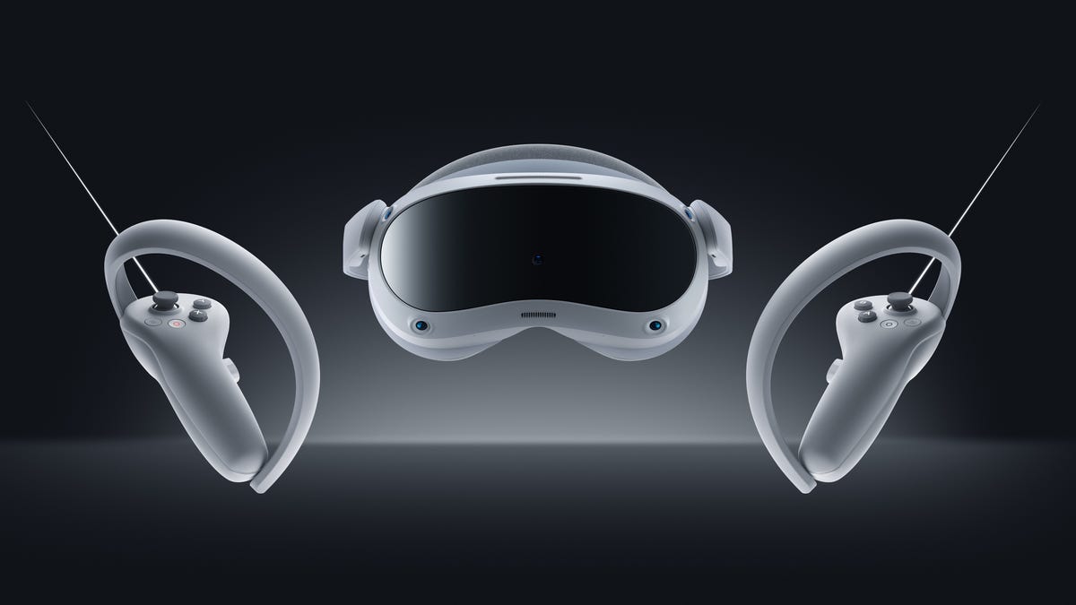 Pico 4 VR headset and controllers, white on black background