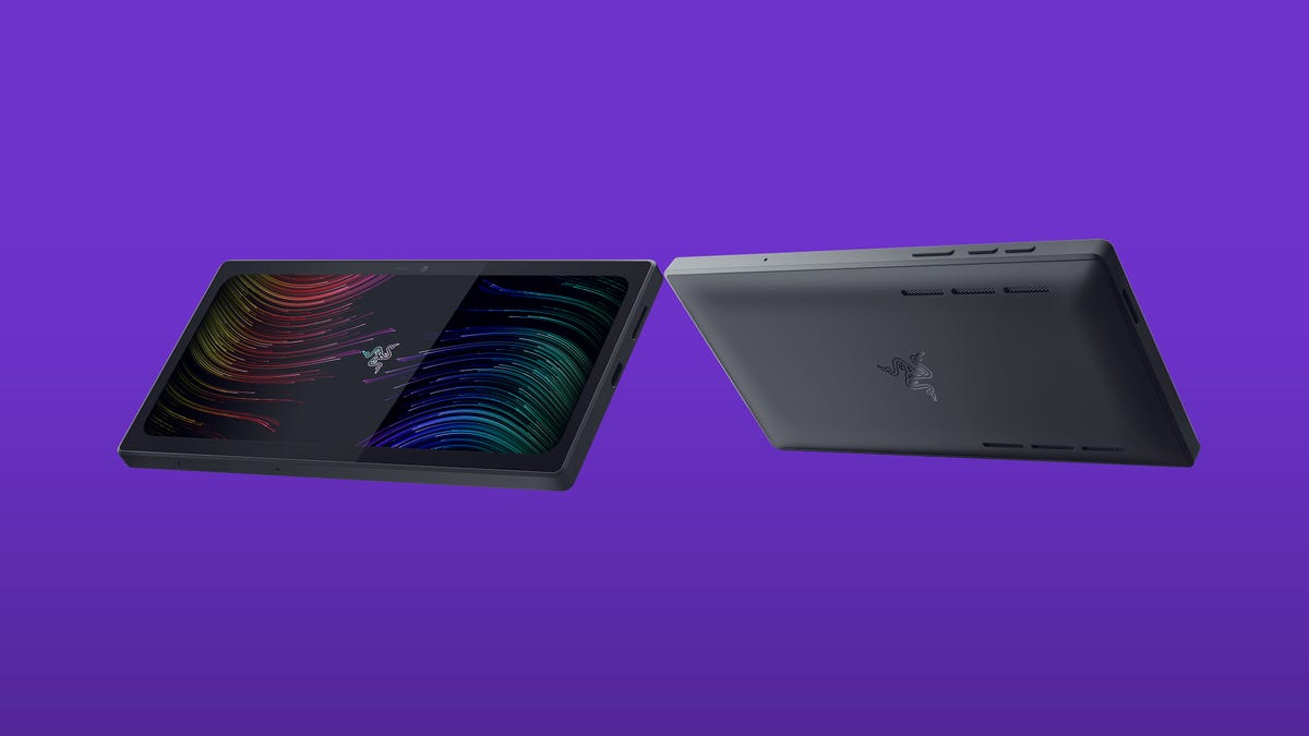 Renderings of the front and back of the Razer Edge tablet on a purple background