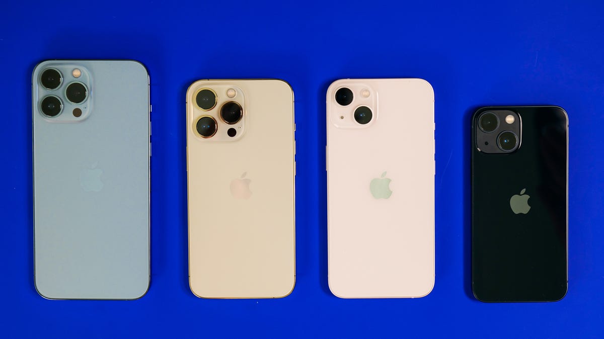 The iPhone 13 Pro Max, Pro 13 and 13 Mini lined up left to right